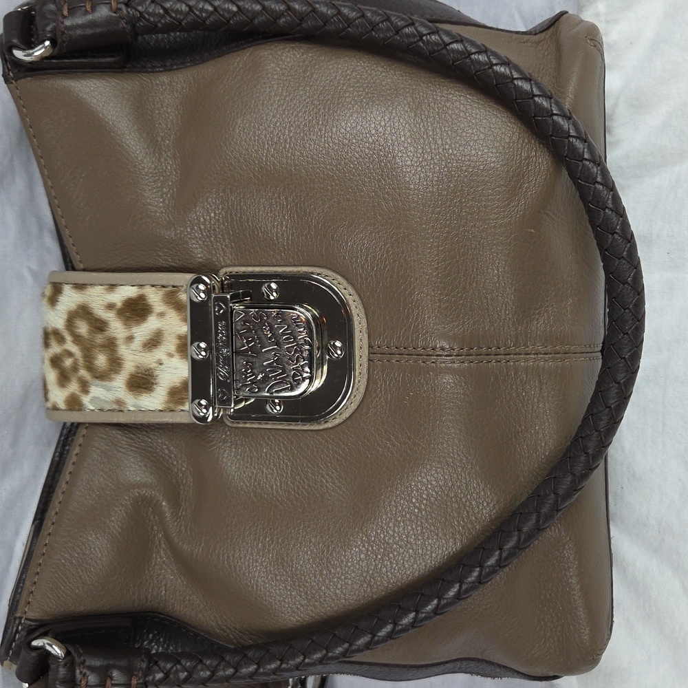 BRIGHTON Faux Animal Print Brown Leather Woven Straps Magnetic Close Side Zips